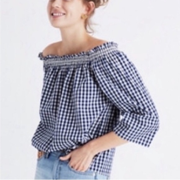 Madewell Gingham Cold Shoulder Navy and White - XS - Picture 1 of 10